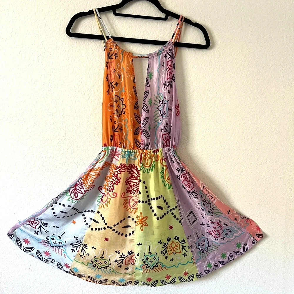 NWT Sundress X Revolve Sz M Crystal Saint Tropez Mini Dress Patchwork Vacation - Picture 2 of 10